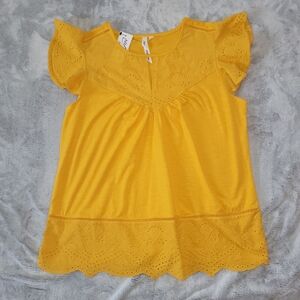NY Collection Womens Large Yellow Eyelet Short Flutter Sleeve Top Keyhole Neck